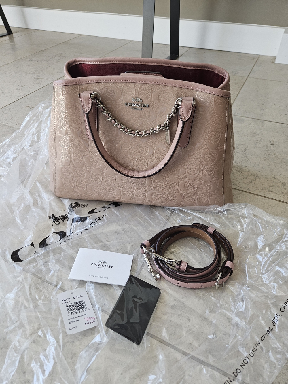 COACH Signature Debossed Patent LEATHER Margot Carryall​ - Blush Pink/Dark Nude